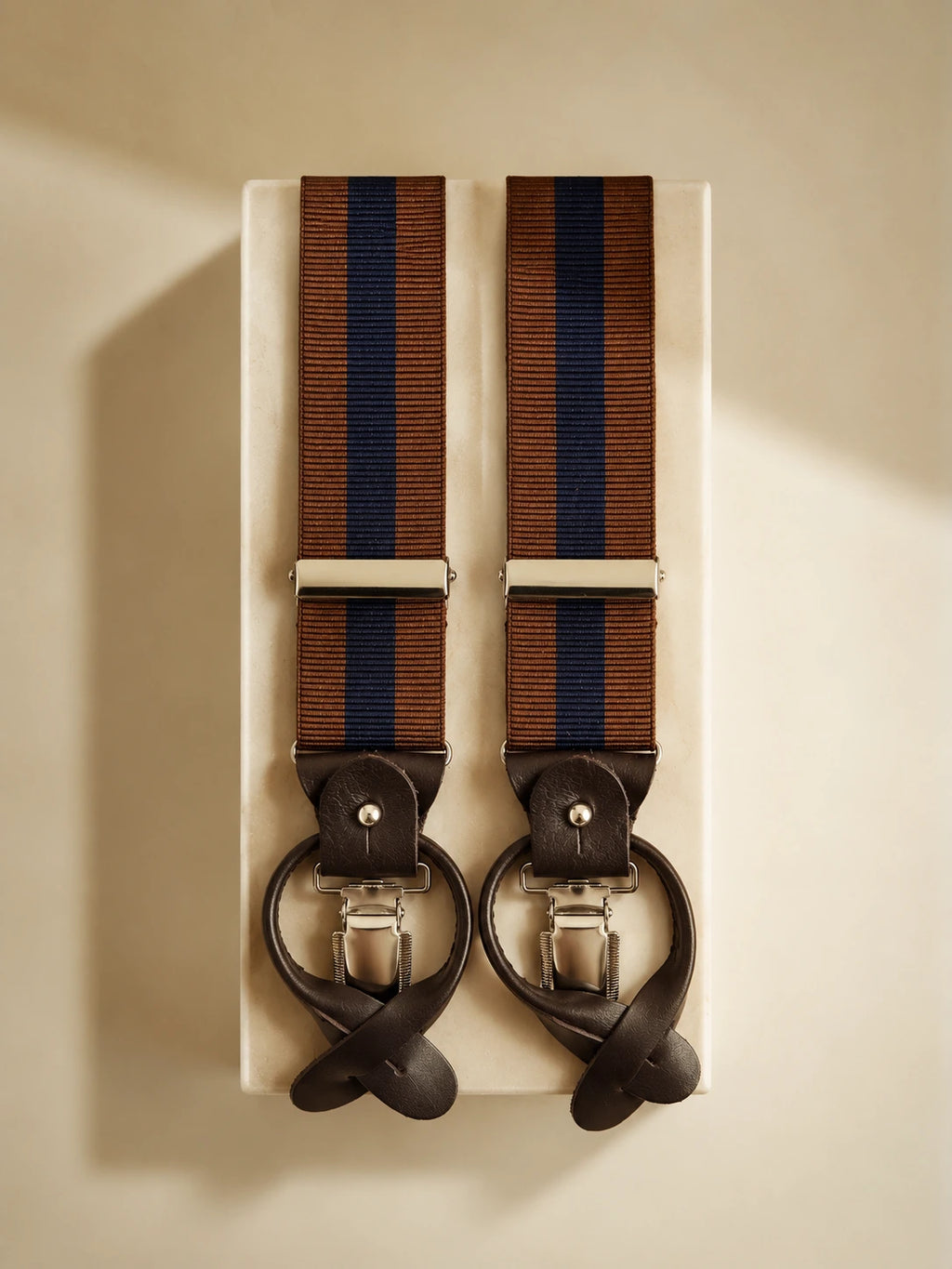 Italian Leather Braces — Tan & Navy Stripe